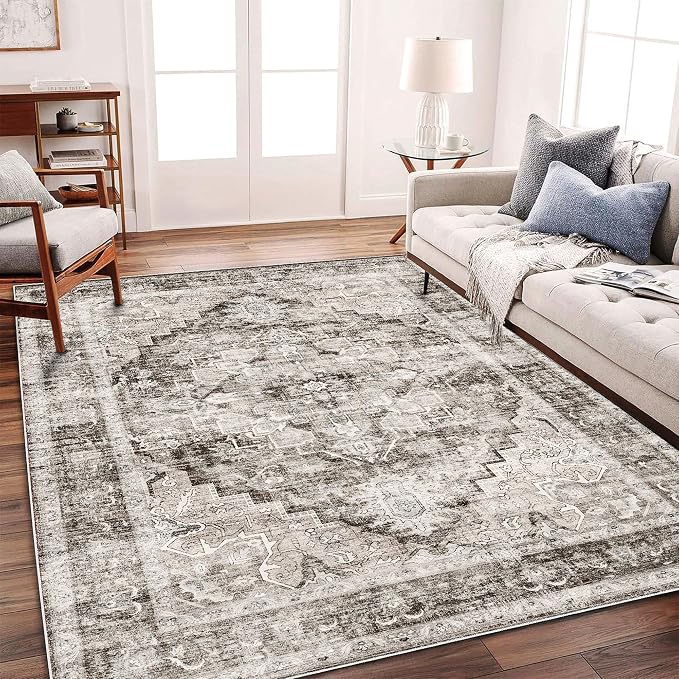 CHAMPLANT Washable Area Rug 8'x10' Deep Khaki Retro Boho Design Non-Shedding Non-Slip Easy Care Ideal for High Traffic Areas in Living Room Bedroom Office Coffee Table Kitchen Large Carpet