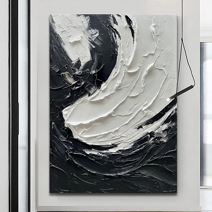 NANKAI Art Minimalist Style Black and White Abstract Oil Painting. Pure Hand-Drawn Wall Art Piece. 40x28 inches. Modern Oil Painting Decorative Art Works for Interior Wall Decoration
