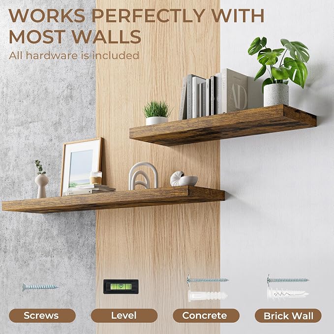RICHFOCUS Deep Floating Shelves for Wall 2 Pack 12" D 36 Inch Wall Shelves for Room Wall|Wood Hanging Shelf with Invisible Brackets for Bathroom Bedroom Kitchen Laundry Room, Rustic Brown