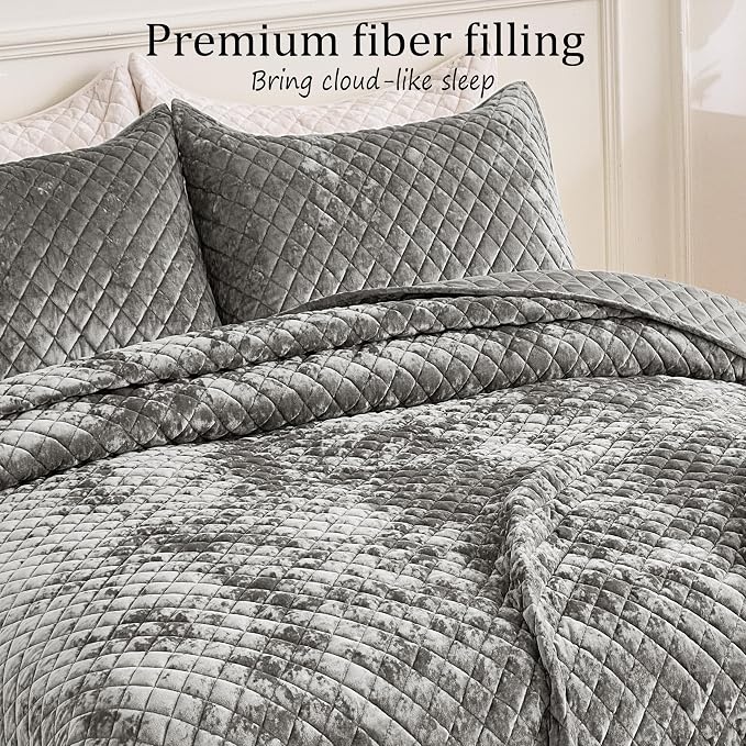 Velvet Quilt Set Oversized King Size 120x128 Luxury Soft Bedspread Coverlet 3-Piece King Comforter Sets with 2 Pillow Shams 20x36 Super Cozy All Seasons Velvet Bedding Set, Gray