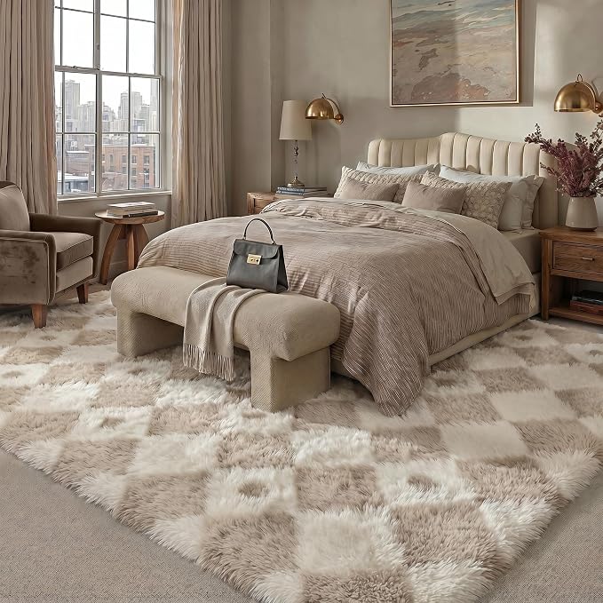PureCozy Checkered Rug 6x9 Fluffy Shag Living Room Beige Area Rug Modern Washable Carpet Soft Shaggy Non Slip Indoor Plush Fuzzy Rugs for Bedroom Dorm Office Home Aesthetic Decor