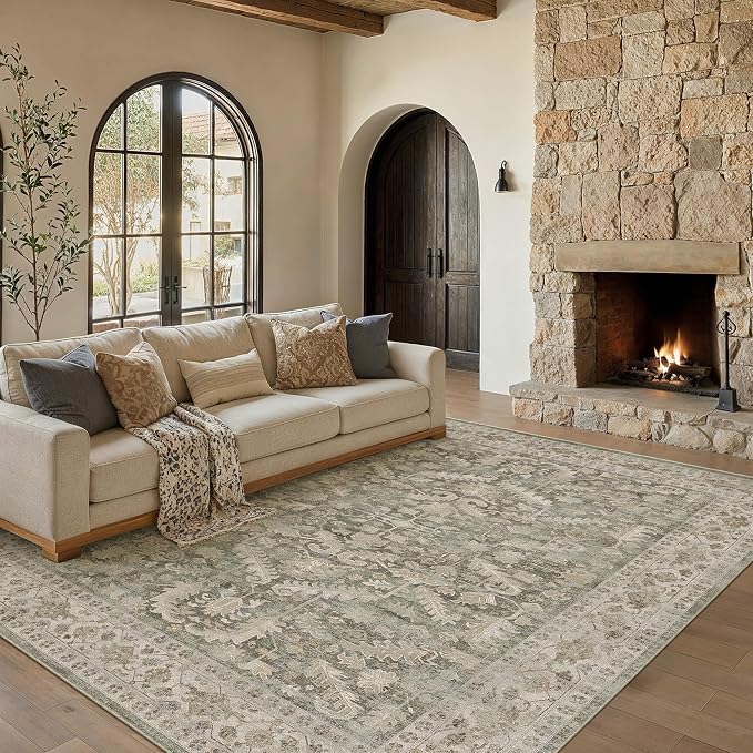 PureCozy Brown 5x7 Area Rug Vintage Washable Living Room Carpet Non Slip Bedroom Indoor Office Low Pile Traditional Distressed Retro Accent Rug for Dining Room Bathroom Kitchen