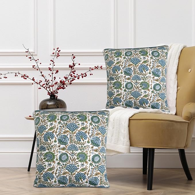 Ridhi Block Print Asparagus Green Pillow Cover 16" x 16" (Pack of 2) Decorative Couch Pillows for Living Room, Chic Boho Cute Outdoor Pillows Covers Gifts for Spring, Easter and Valentine