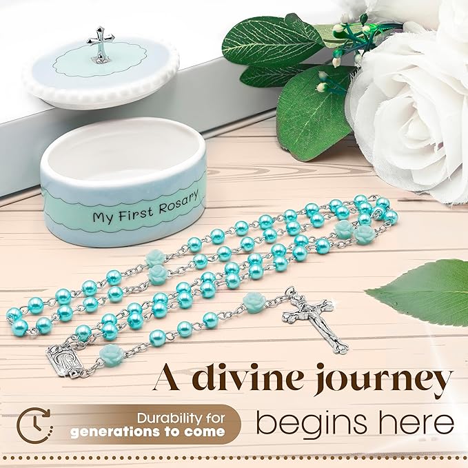 Baptism Gifts for Boys - My First Rosary & Matching Keepsake Box, Catholic Christening Gifts for Baby Boys from Godmother for Dedication with Colorful Gift Box