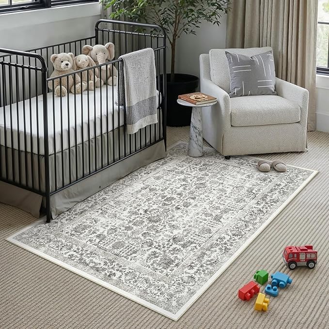 PureCozy Black Area Rug 3x4 Office Entryway Rug Machine Washable Kitchen Vintage Distressed Non Slip Carpet Indoor Retro Floral Accent Throw Door Mat for Bathroom Bedroom Dining Living Room