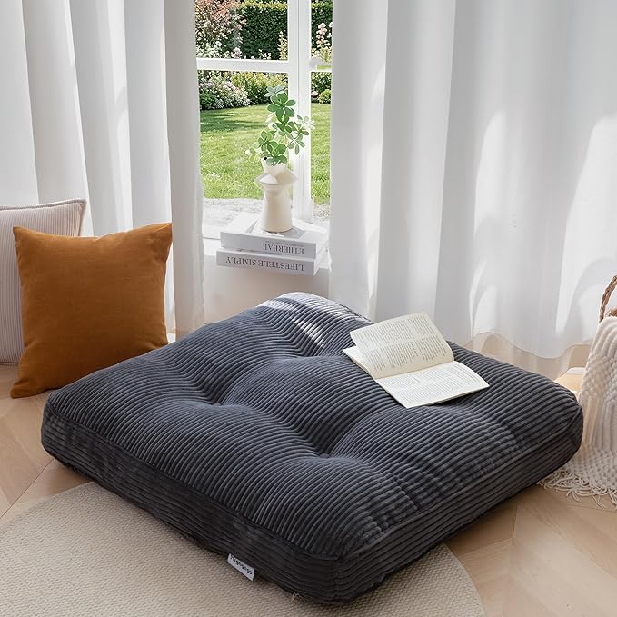 HIGOGOGO 35" Floor Pillow Cushion for Adults, Meditation Cushion Pillow, Extra Large Square Floor Sitting, Tufted Corduroy Cover for Tatami Living Room or Yoga, Dark Grey