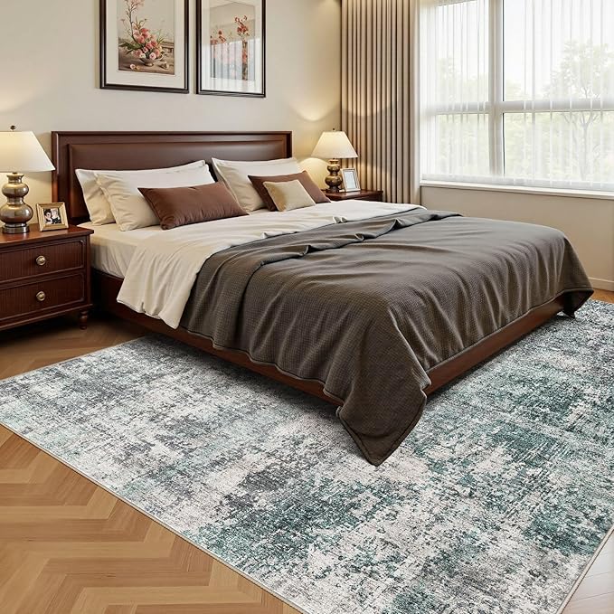 UERMEI 10x14 Area Rug Living Room Rugs - Washable Neutral Modern Abstract Soft Thin Large Rug Indoor Floor No Slip Rug Carpet for Bedroom Under Dining Table Home Office Decor - Green/Grey