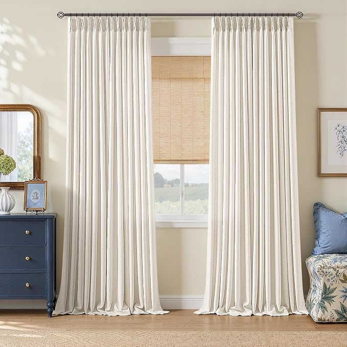 104 Inches Long Pinch Pleat Beige White Curtains for Living Room Bedroom Light Filtering Privacy Thick Linen Pleated Curtains with Back Tab Rings Farmhouse Neutral Semi Sheer Window Drapes 40x104