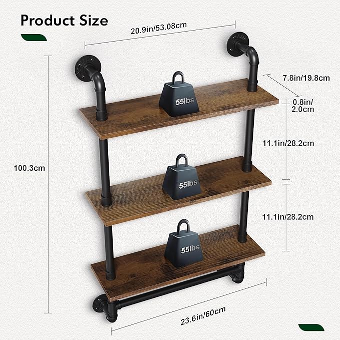 Merapi 24" Industrial Floating Shelves with Tower Bar, Pipe Shelves for Wall, 3 Tier Rustic Wood Wall Shelves for Home Décor, Bedroom, Living Room, Bathroom