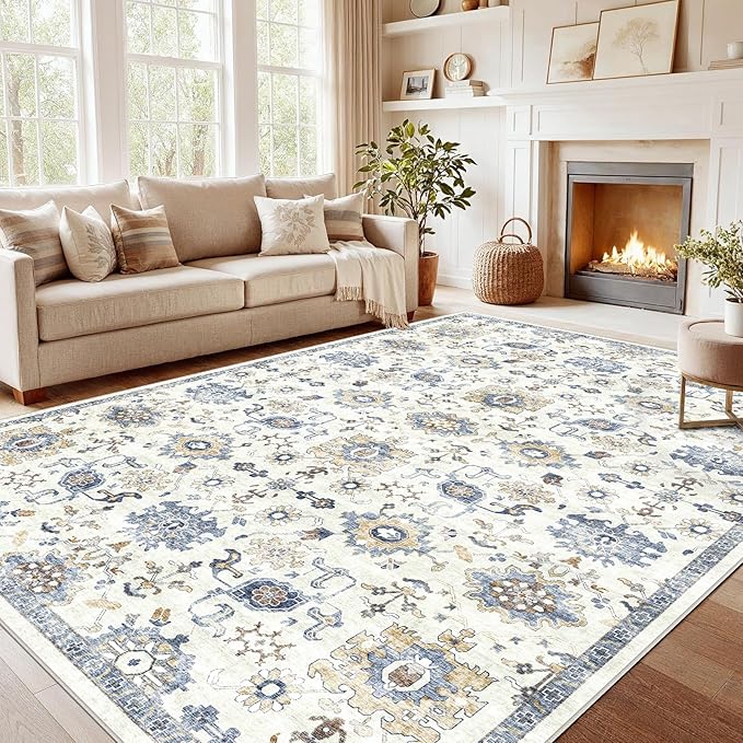 AMADA HOMEFURNISHING 9x12 Washable Area Rug, Low-Profile Large Area Rug with Non-Slip Backing & Durable Edge Binding, Vintage Large Rugs for Living Room, Bedroom & Dining Room