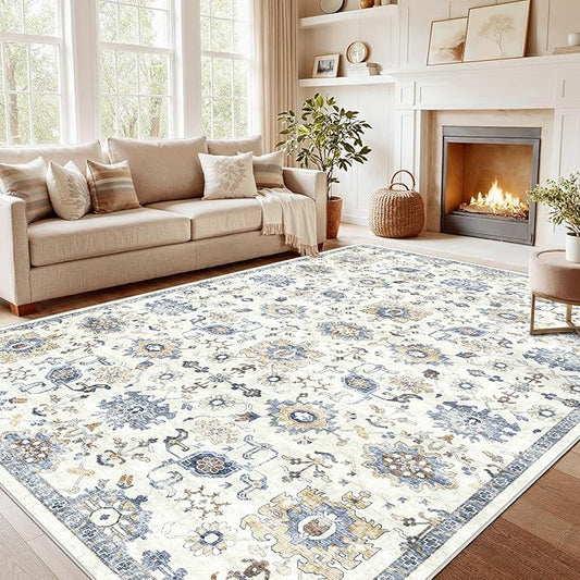 AMADA HOMEFURNISHING 10x14 Washable Area Rug, Low-Profile Large Area Rug with Non-Slip Backing & Durable Edge Binding, Vintage Large Rugs for Living Room, Bedroom & Dining Room