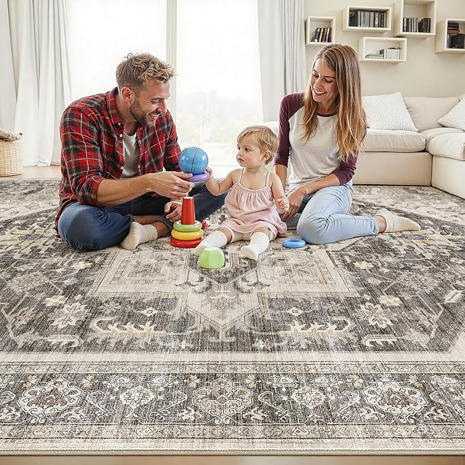8x10 Area Rugs for Living Room - Large Carpet Ultra Thin Soft Washable Oriental Vintage Floral Distressed Big Indoor Carpets for Bedroom Nursery Dorm Home Decor Aesthetic - Dark Brown