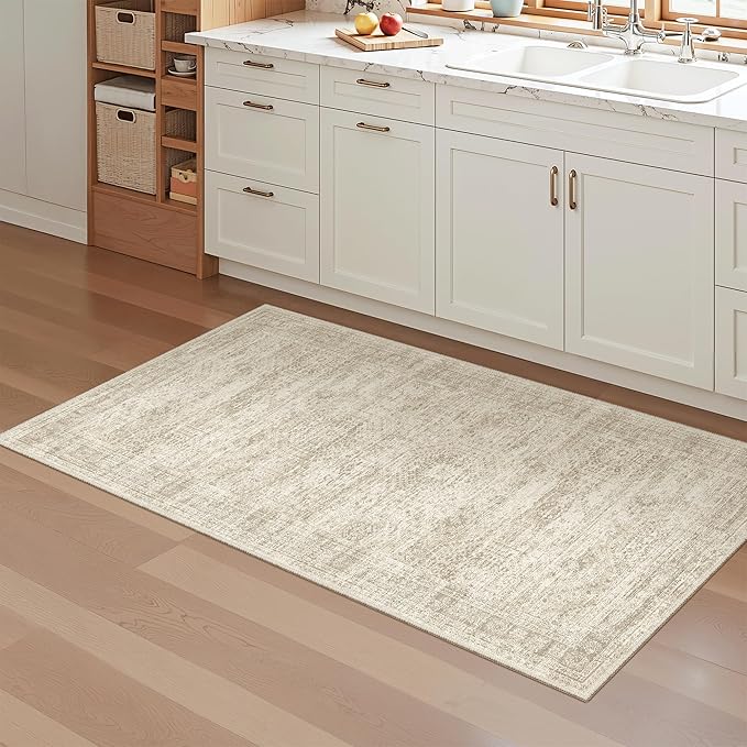 Soalmost 2x4 Washable Rugs for Kitchen, Floor, Entryway, Powder Room Small Area Rug Non-Slip Vintage Low Pile Throw Door Mat Beige