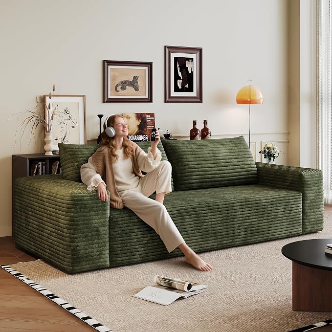JINGLING 63" Small Couches for Small Spaces, Comfy Boneless Couch in a Box, Love Seat Compressed Sofa for Living Room Bedroom, Apartment Furniture, No Assembly, Corduroy, Green