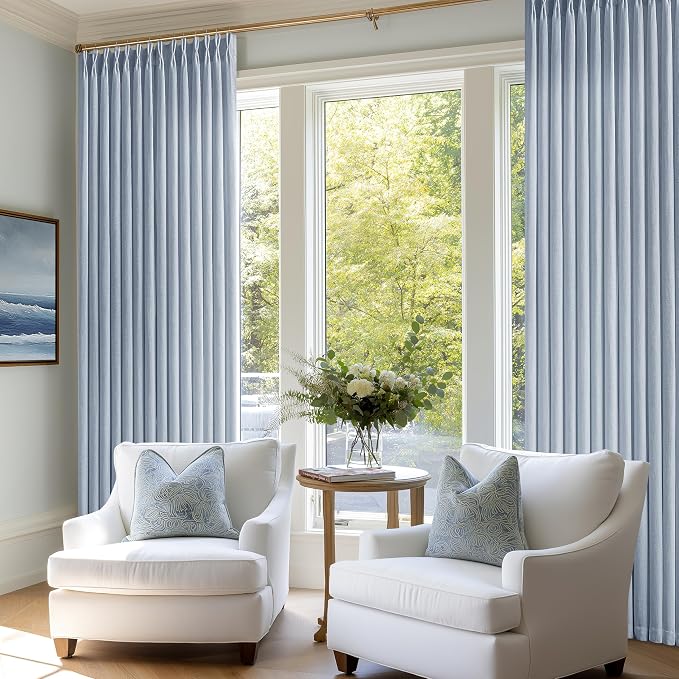 Dusty Blue Linen Curtains 96 Inches Long Memory Shape Trained Pinch Pleated Curtain for Living Room with Hooks Rings Back Tab Pinch Pleat Curtains 96 Inch Length for Bedroom Dining Room Blue Grey