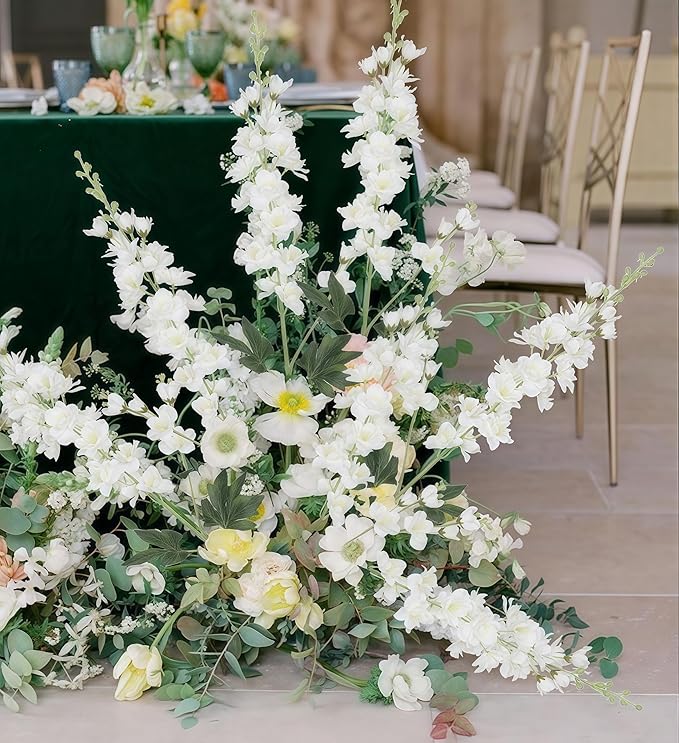 White Delphinium Artificial Flowers,8PCS Long Stem Silk Larkspur Flowers 33.5'' Faux Delphinium Stems for Tall Vase Home Wedding Table Decor(White)
