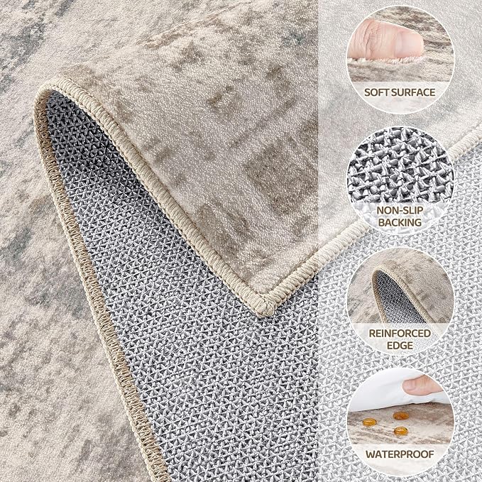 UERMEI 8x10 Washable Area Rug for Living Room: Modern Neutral Abstract Large Soft Low Pile Carpet Non-Slip Pet Kids Friendly Indoor Decor for Bedroom Dining Room Home Office Nursery Brown
