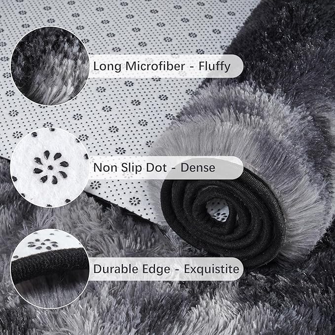 Chicrug Soft Runner Rugs for Bedroom Living Room Plush Fluffy Rug 2x10 Feet, Shag Furry Area Rug Carpet Non Shedding for Nursery Children Kids Girls Room Home Decorative, Grey and Black
