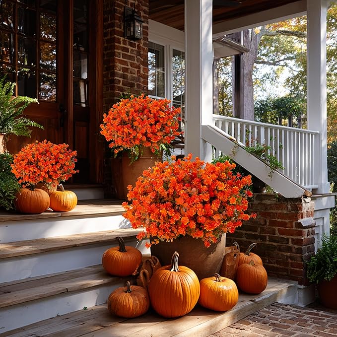 AXYLEX Artificial Fall Flowers Outdoor Fake Mums - 12 Bundles Fake Plants UV Resistant No Fade Faux Plastic Greenery Garden Porch Patio Fall Home Decor(OrangeGreen)