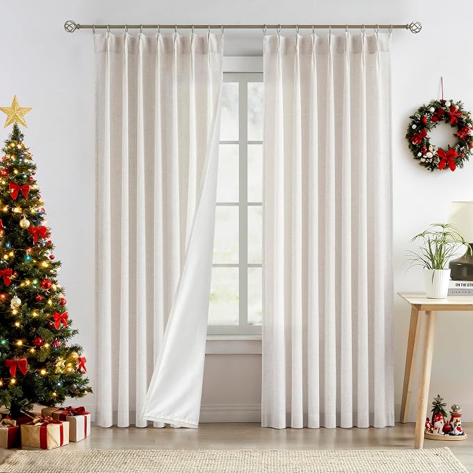Central Park Natural Pinch Pleat Light Filtering Curtain with Microfiber Liner Linen Blended Textured Window Treatment Privacy Drape 95 Inch for Living Room Bedroom with Back Tabs Hooks, 40" Wx95 Lx2