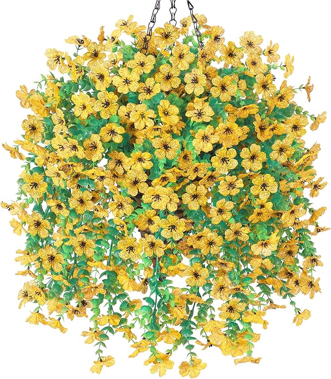 HyeFlora Artificial Hanging Flowers Basket for Outdoor, Fake Flowers Faux Plants Look Real for Yard Gardens Porch Patio Home (Yellow)