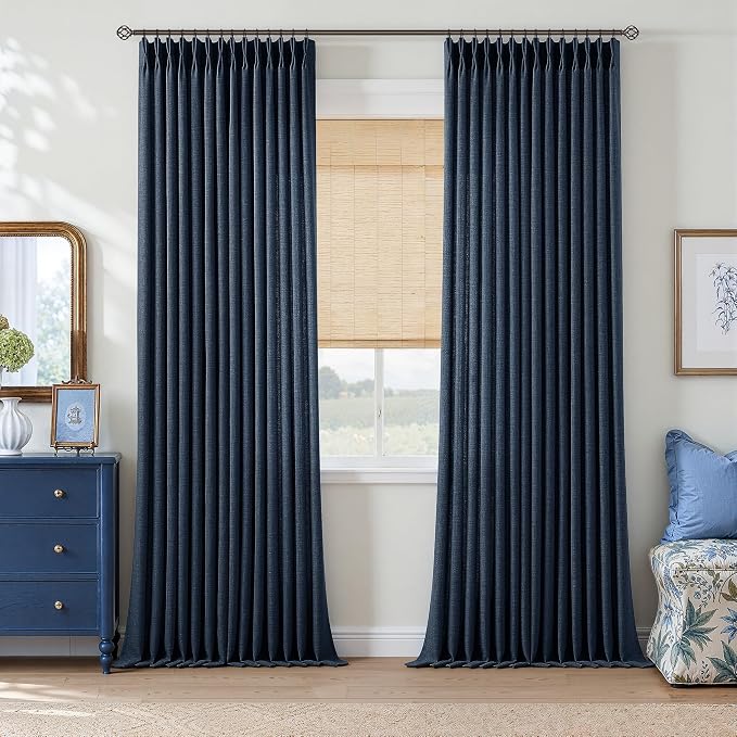 102 Inch Pleated Blue Curtains 2 Panels Set Navy Moody Light Filtering Linen Textured Window Pinch Pleat Drapes with Hooks Rings 102 Inches Semi Sheer Privacy Back Tab Curtains for Living Dining Room