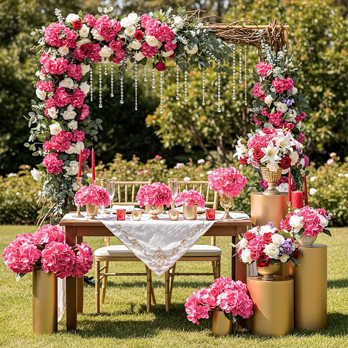 Auihiay 64pcs Hydrangea Artificial Flowers, Rose Red Artificial Hydrangea Flowers, Silk Hydrangea Heads with Stems for Garden, Home Party Baby Shower DIY Wedding Centerpiece (Rose Red)