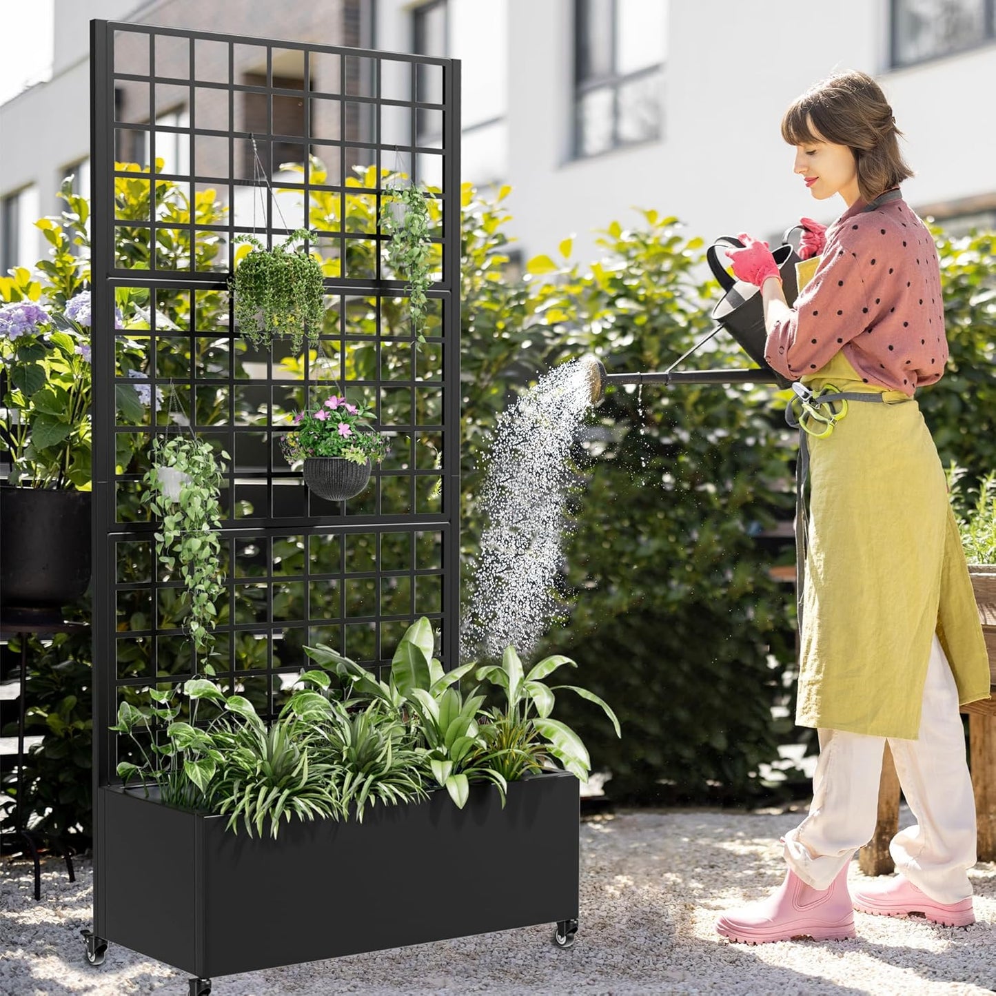 Casaphoria Metal Raised Garden Bed with Trellis and Wheels, 72"x35"x16" Planter Box for Climbing Plants, Vegetables & Vines, Features Drainage Holes and Privacy Screen (Black-Grid)