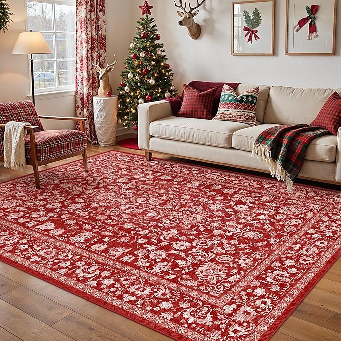 PureCozy Red Area Rug 4x6 Entryway Washable Non Slip Bedroom Carpet Door Mat Vintage Distressed Floral Accent Rug Low Pile Holiday Decorative Soft Doormat for Bathroom Laundry Kitchen