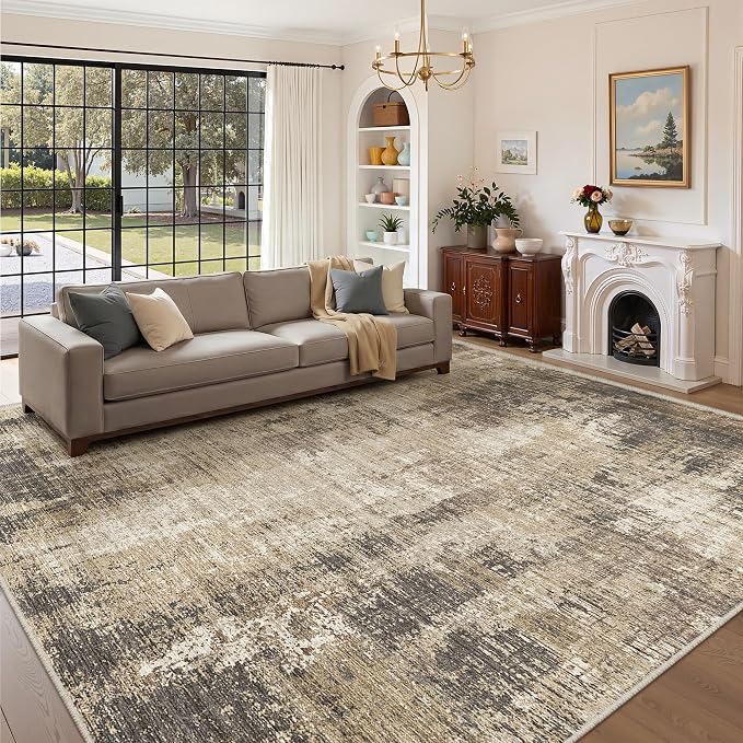 Valenrug Area Rugs 9x12 Living Room - Stain Resistant 9x12 Area Rugs for Living Room, Non Slip Backing Abstract Rugs for Bedroom, Folable Machine Washable Rugs(9'x12', Taupe)