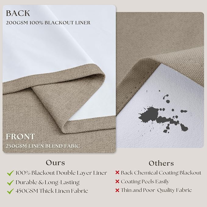 Deep Flax Greige Pinch Pleated 100% Blackout Linen Curtains 90 Inch Length 2 Panels Set Pinch Pleat Curtains Black Out Light Blocking Room Darkening Drapes with Liner for Bedroom Living Room Window