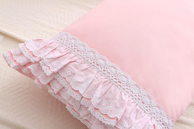 2-Pack Pink Pillow Shams Cases Covers with Ruffles and Lace Cotton Queen Size 30"X20"Soft Boudoir Luxurious