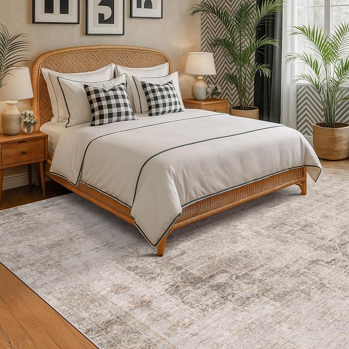 Hazo Haus Farmhouse Area Rugs for Living Room, 8x10 Washable Abstract Rug for Bedroom, Dining Room Under Table and Home Office, Ultra-Soft Low Pile Design, Stain Resistant (Beige/Brown/Peach)