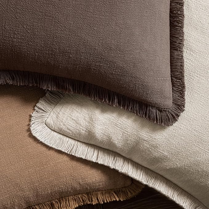 MIULEE Decorative Lumbar Throw Pillow Covers Neutral Linen Fringe Throw Pillows Set of 2 Reddish Brown Boho Farmhouse Cushion Covers for Couch Sofa Bed Living Room Fall Home Decor 12x20 Inch