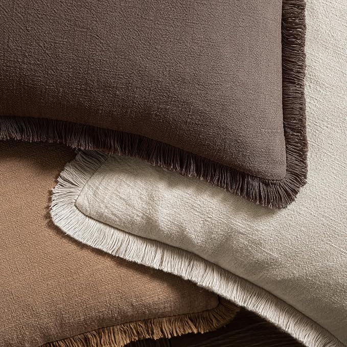 MIULEE Decorative Throw Pillow Covers Neutral Linen Fringe Throw Pillows Euro Shams Set of 2 Reddish Brown Boho Farmhouse Cushion Covers for Couch Sofa Bed Living Room Fall Home Decor 22x22 Inch
