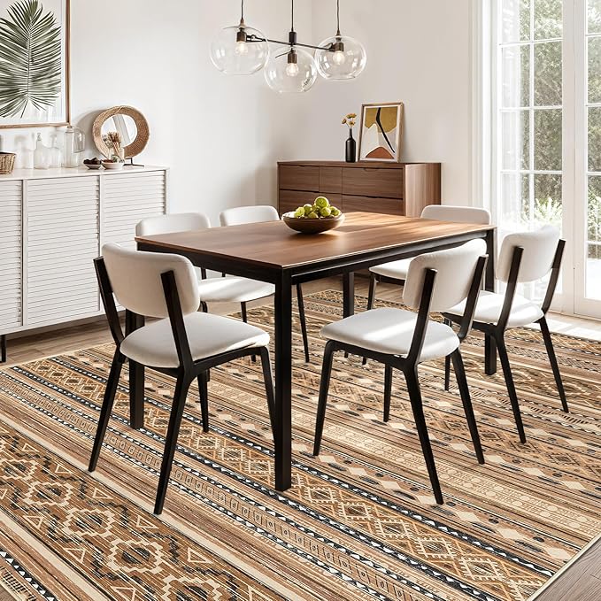 cotiled 7x9 Area Rug Living Room: Washable Boho Rugs with Non Slip Backing Large Soft Indoor Stain Resistant Carpet for Bedroom Farmhouse Dining Room Lightweight Home Decor Brown/Beige