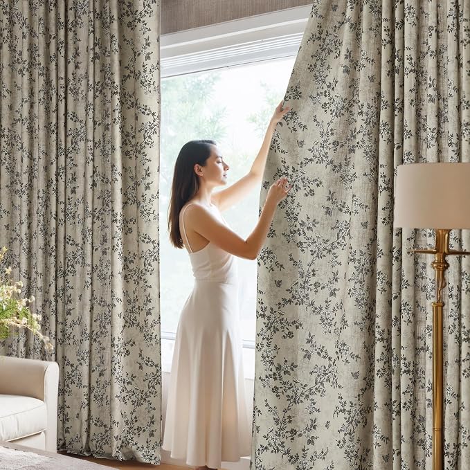StangH Floral Short Curtains 63 Inches, Vintage French Country Linen Textured Drapes, Light Filtering Elegant Butterfly Pattern Decor for Bedroom, Porcelain, W52 x L63, 2 Panels