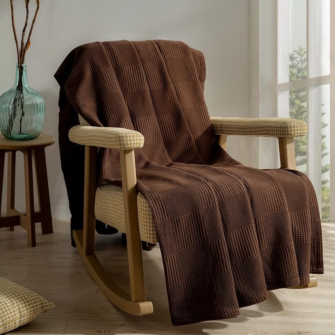 100% Turkish Cotton Blanket Twin Size Waffle Weave Blankets, Made in Turkiye, Light Airy Throw Bedspread (Dark Brown, Twin Size Blanket 70 x 90 inch)