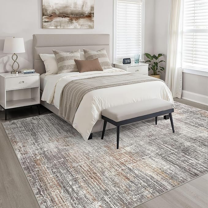 10x12 Area Rug Living Room: Washable Large Neutral Rug Abstract Soft Modern Stain Resistant Indoor Floor Non-Slip Carpet for Bedroom Nursery Kids Office Playroom Dining Room Under Table- Gray Rust