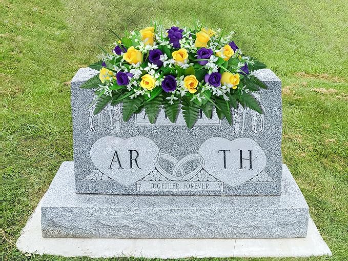 LVXINLI Artificial Cemetery Flowers Saddle-Shaped Tombstone Decorations Non-Fading UV-Resistant（ Yellow+Purple Saddle）