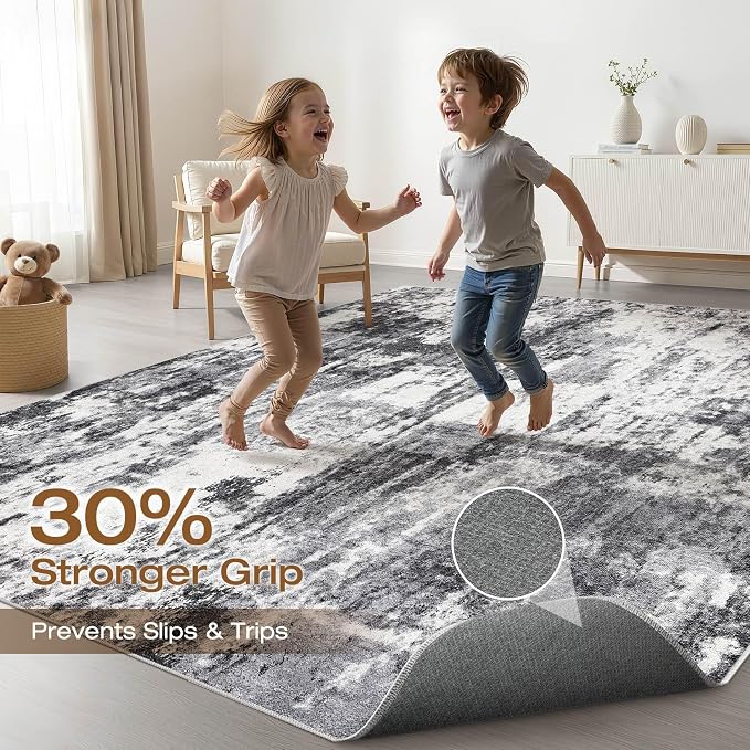10x14 Area Rugs Living Room: Washable Large Neutral Rug Abstract Soft Modern Stain Resistant Indoor Floor Non-Slip Carpet for Bedroom Nursery Kids Office Playroom Dining Room Under Table- Black White