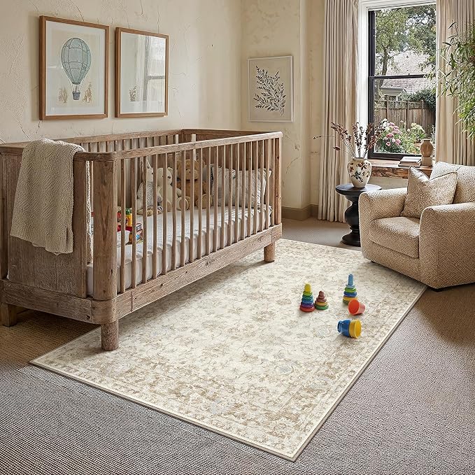 4x6 Washable Neutral Area Rug for Living Room Bedroom Beige Floral Soft Non Slip Rug Low Pile Distressed Carpet for Dining Room Nursery Office Indoor