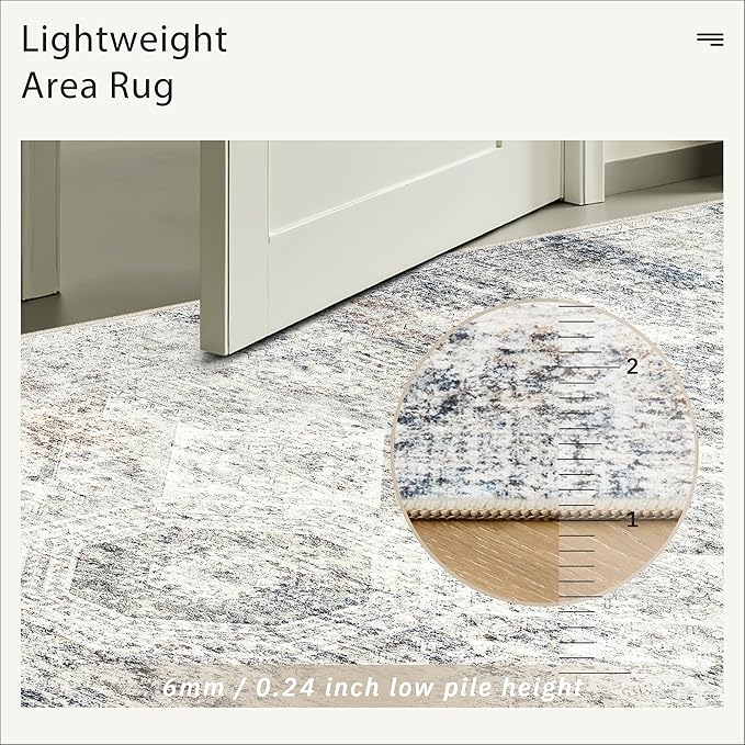Soalmost 9x12 Area Rugs for Living Room, Non Slip Machine Washable Vintage Rugs, Low Pile Lightweight Large Rug for Bedroom, Dining Room, Home Office Blue/Ivory