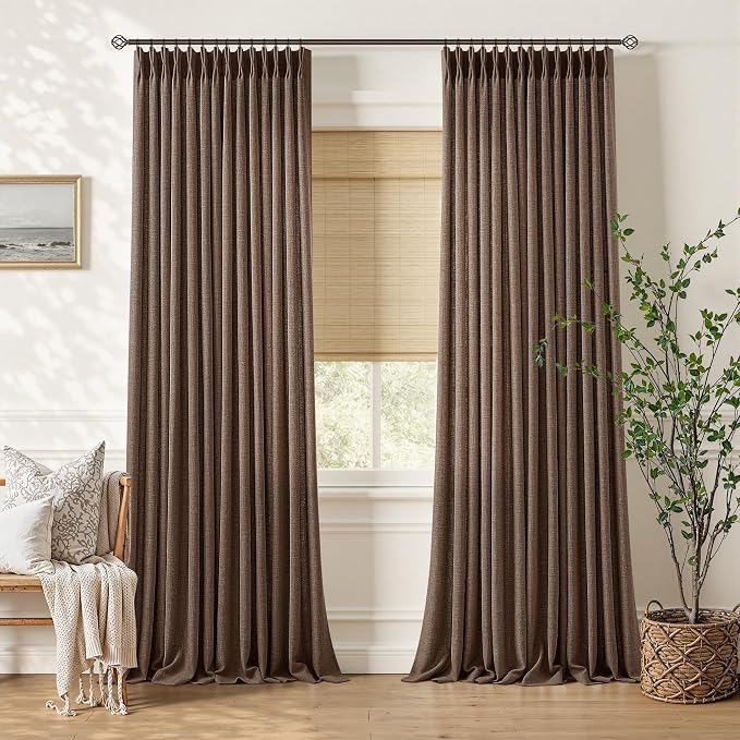 Dark Brown Pinch Pleated Curtains 102 Inches Long for Living Room Semi Sheer Rustic Vintage Memory Training Textured Drapes with Hooks Rings 102 Inch Back Tab Pinch Pleat Bedroom Office Curtains
