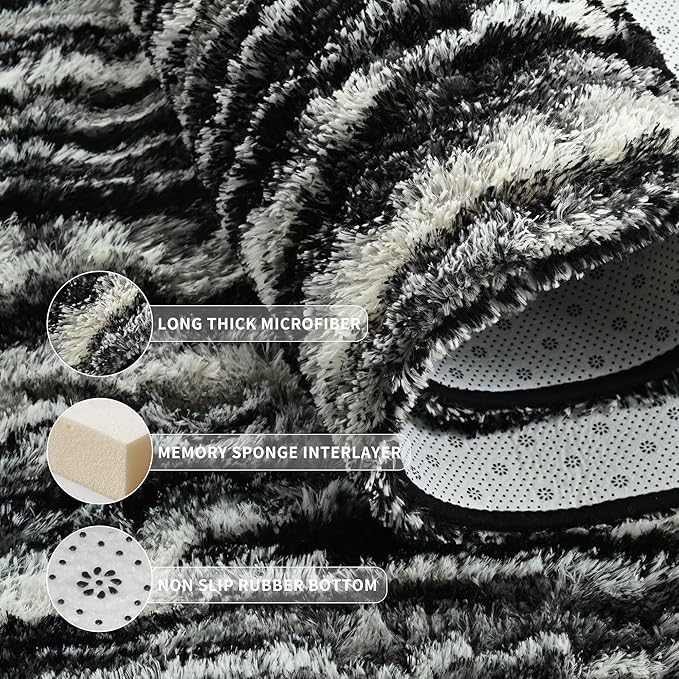 Tepook Area Rugs 9x12 for Living Room, Super Soft Fluffy Rugs for Bedroom, Modern Shaggy Rug Fuzzy Carpets for Kids, Plush Indoor Nursery Home Decor Rug with Non-Slip Bottom, Black White