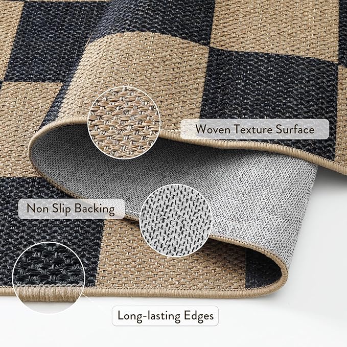 Lahome Colette Checkered 4 ft Easy Jute Round Rug, Washable Small Rugs for Entryway Patio, Farmhouse Non Slip Non Shedding Indoor Outdoor Circle Carpet for Kitchen Porch