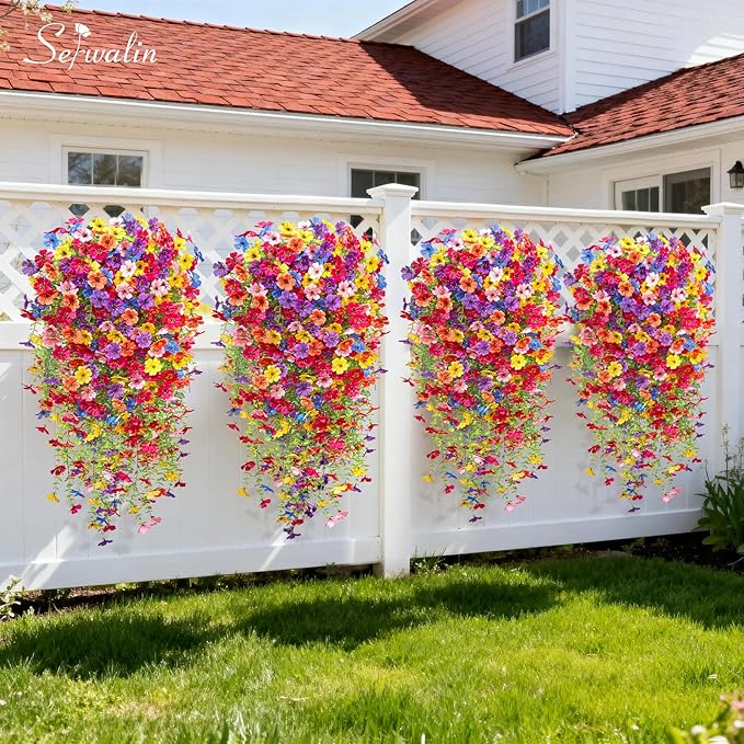 Serwalin 6PCS Artificial Hanging Flowers for Outdoors, UV Resistant Fake Hanging Plants, Realistic Weatherproof Outdoor Decor for Patio, Porch, Garden & Window (Multicolor,6PCS)