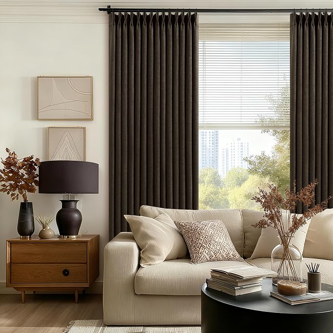Extra Long 120 Inch Blackout Chocolate Brown Curtains for Bedroom Memory Trained Pinch Pleated Dual Layer Linen Drapes Sound Proof Thermal Luxury Floor to Ceiling Curtain 10FT Length 2 Panels Set