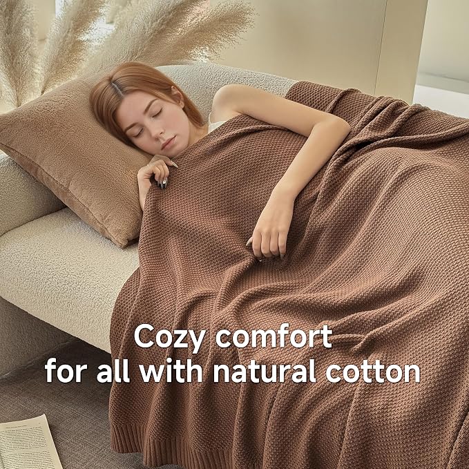 Simple&Opulence 100% Cotton Blanket Queen Size, Solid Color Cable Knitted Blanket Super Soft Comfortable Breathable Decorative Farmhouse for Couch Sofa Bed, All Season Use(Coffee,90x90)