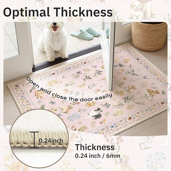 Soalmost Dog 5x7 Area Rugs for Living Room, Machine Washable Animal Floral Vintage Rug Non-Slip Low Pile Soft Throw Rugs for Kitchen Dining Room Bedroom Nursery Playroom (5 x 7,Pink)